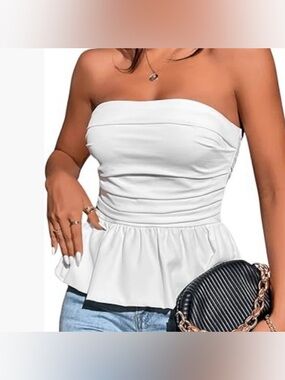 Strapless Ruffle Hem Tube Top Ruched Bandeau Peplum Sleeveless new